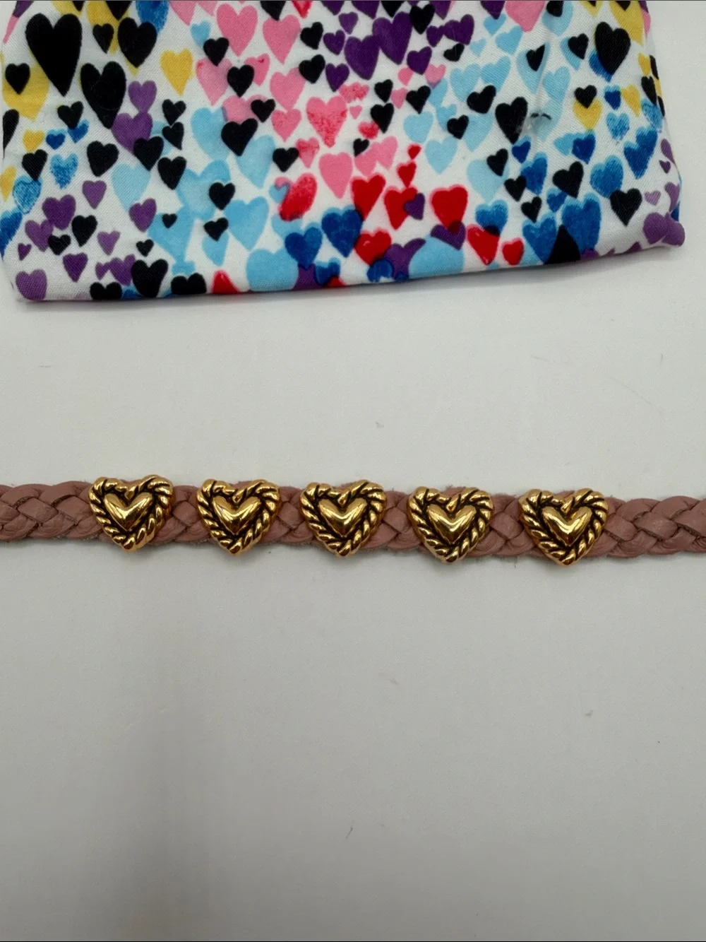 Brighton Bandit Blush Pink Braided Bracelet with Gold Heart Charms